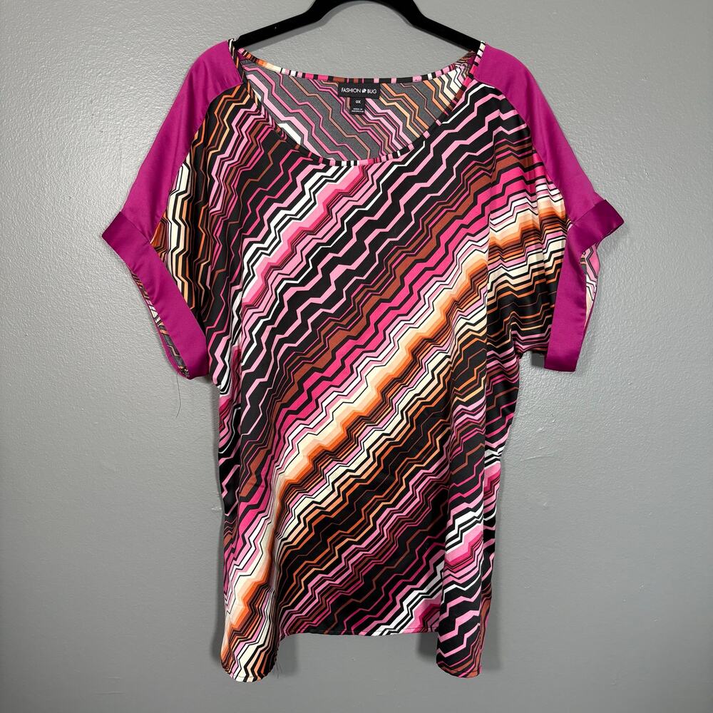Fashion Bug Bright Pink & Black Y2K Funky Print Bold Top - 0X - Womens Plus Size